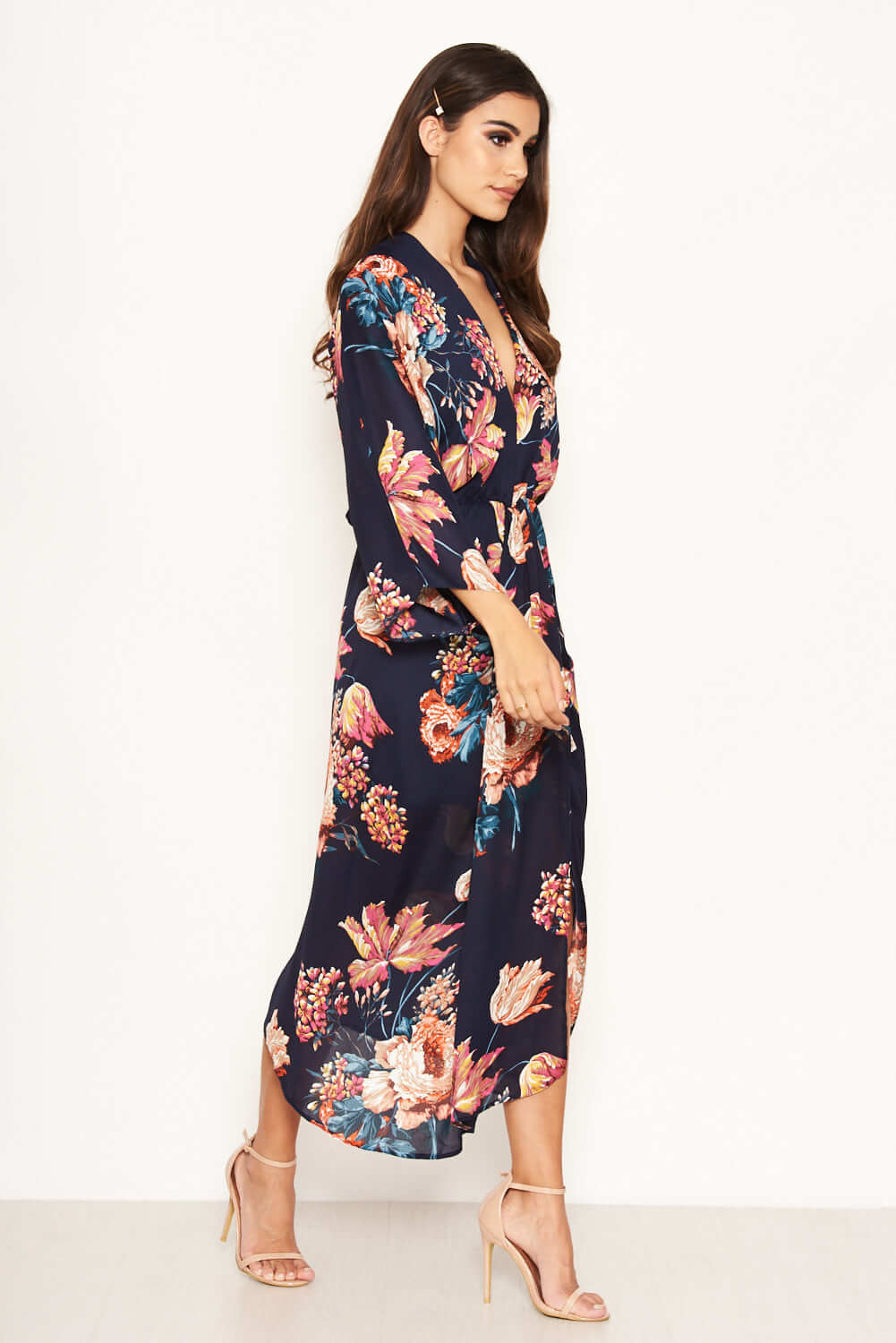 Kikodress - Navy Floral Kimono Sleeve Maxi Dress