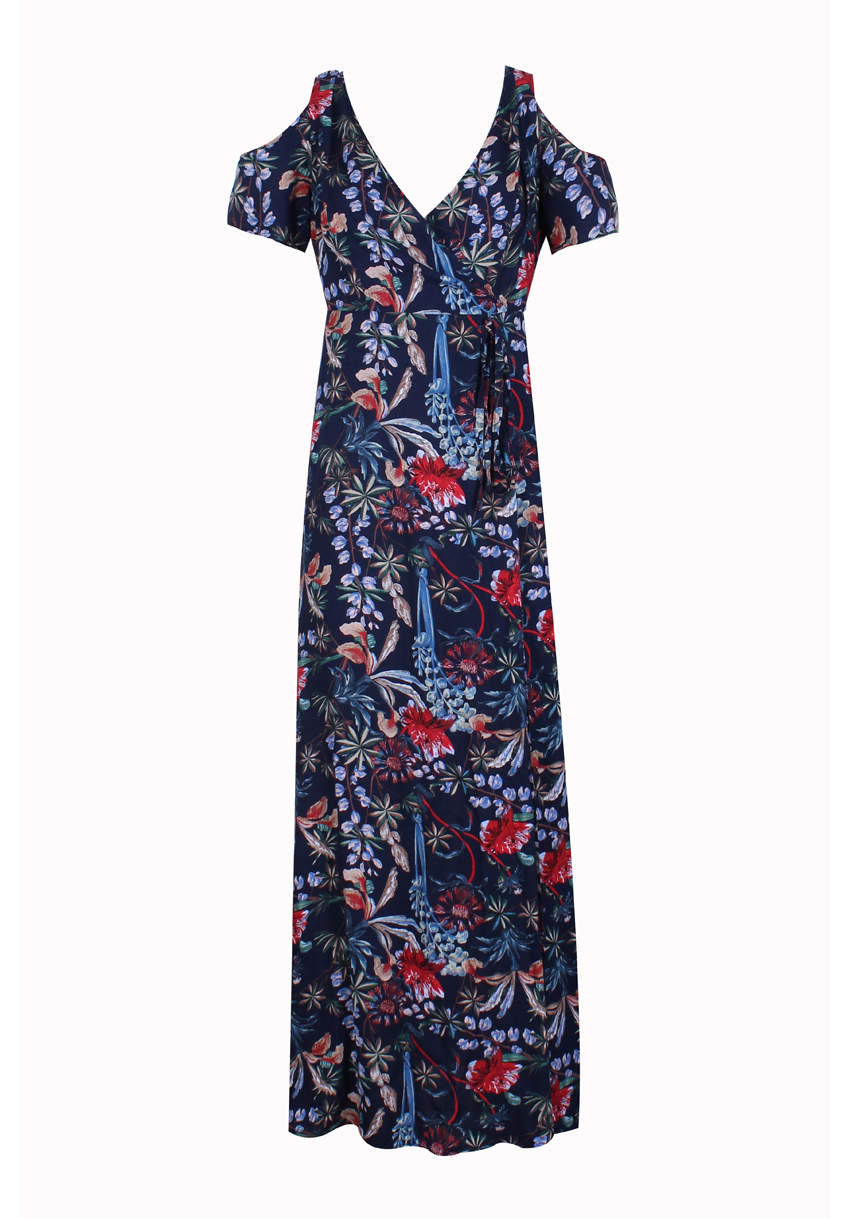 Kikodress - Navy Floral Cold Shoulder Printed Maxi Dress