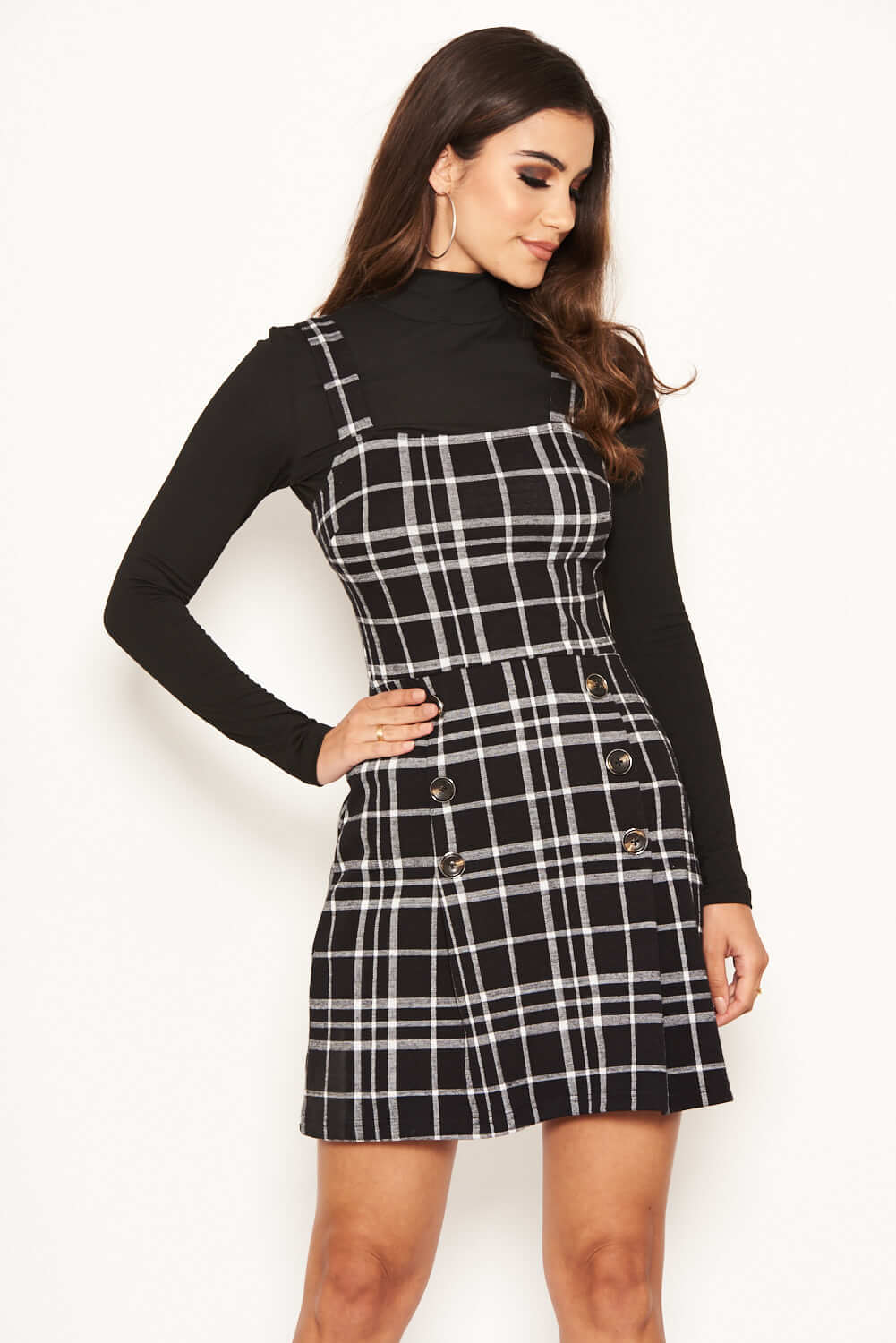 Kikodress - Black Check Button Front Detail Skater Dress