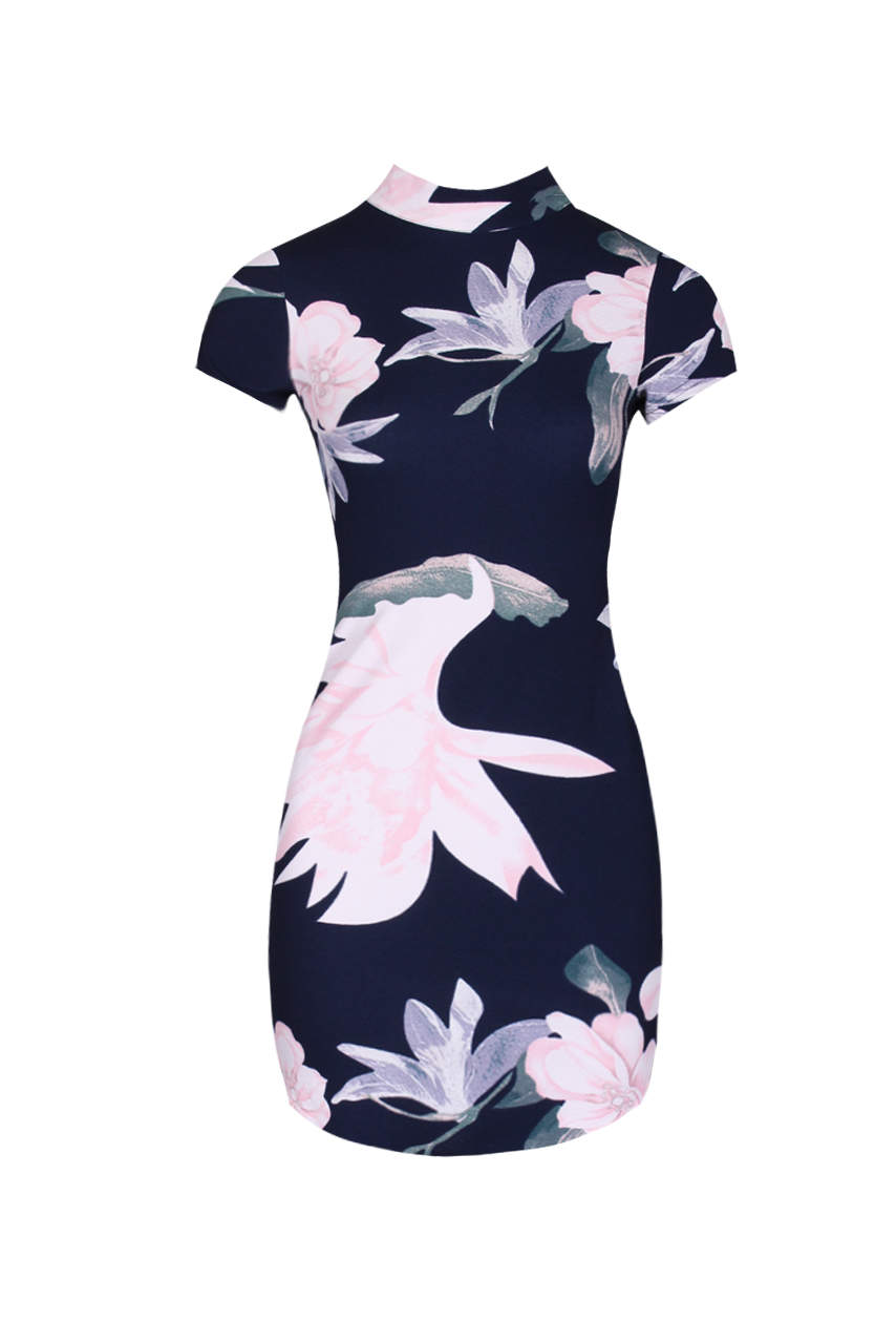 Kikodress - Navy Floral High Neck Mini Dress