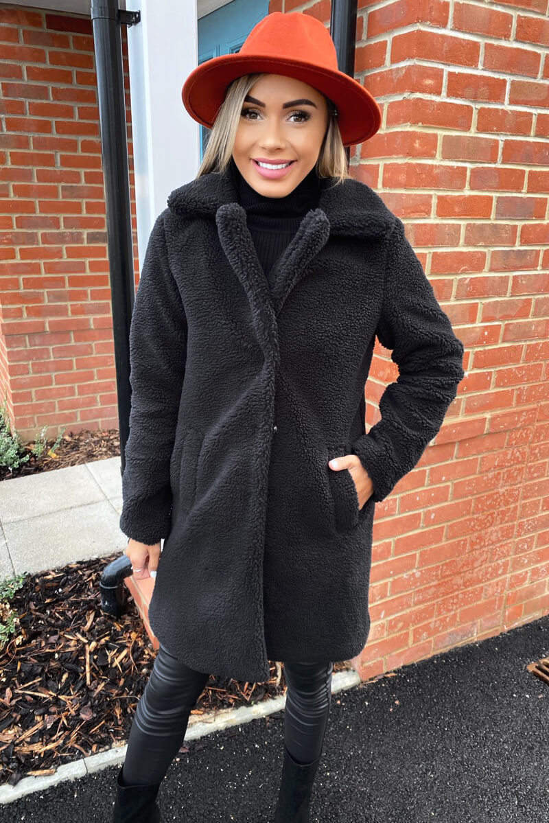 Kikodress - Black Teddy Faux Fur Coat With Collar