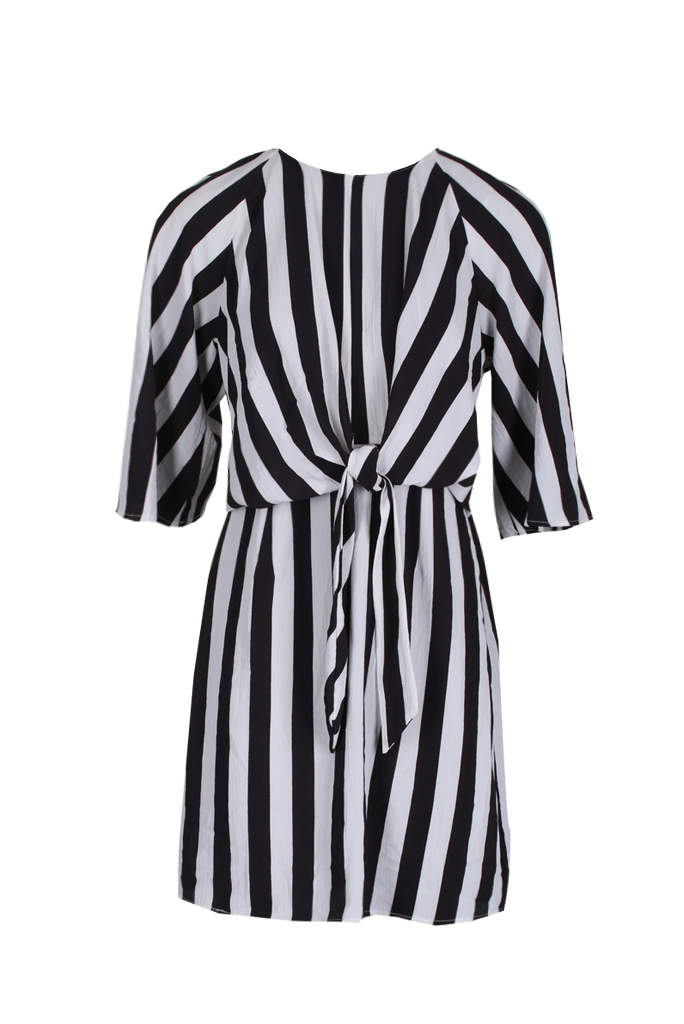 Kikodress - Black & White Striped Tie Waist Dress