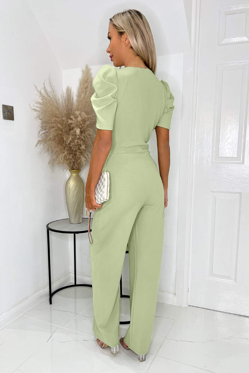 Kikodress - Sage Wrap Top Belted Full Length Jumpsuit
