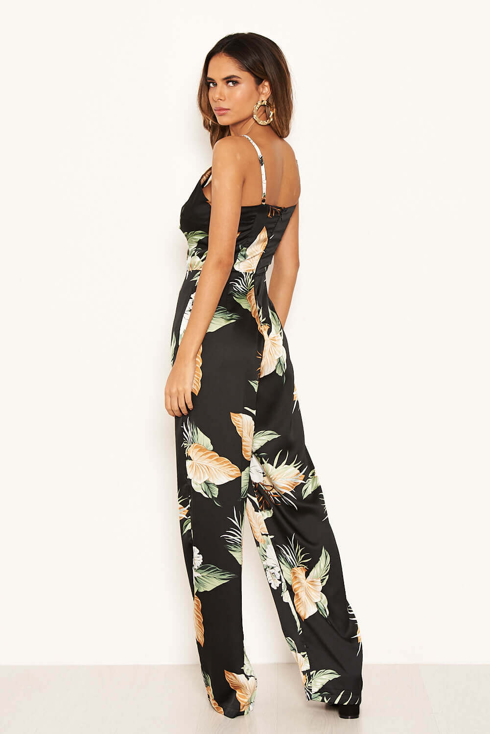 Kikodress - Black Floral V-Neck  Strappy Satin Jumpsuit