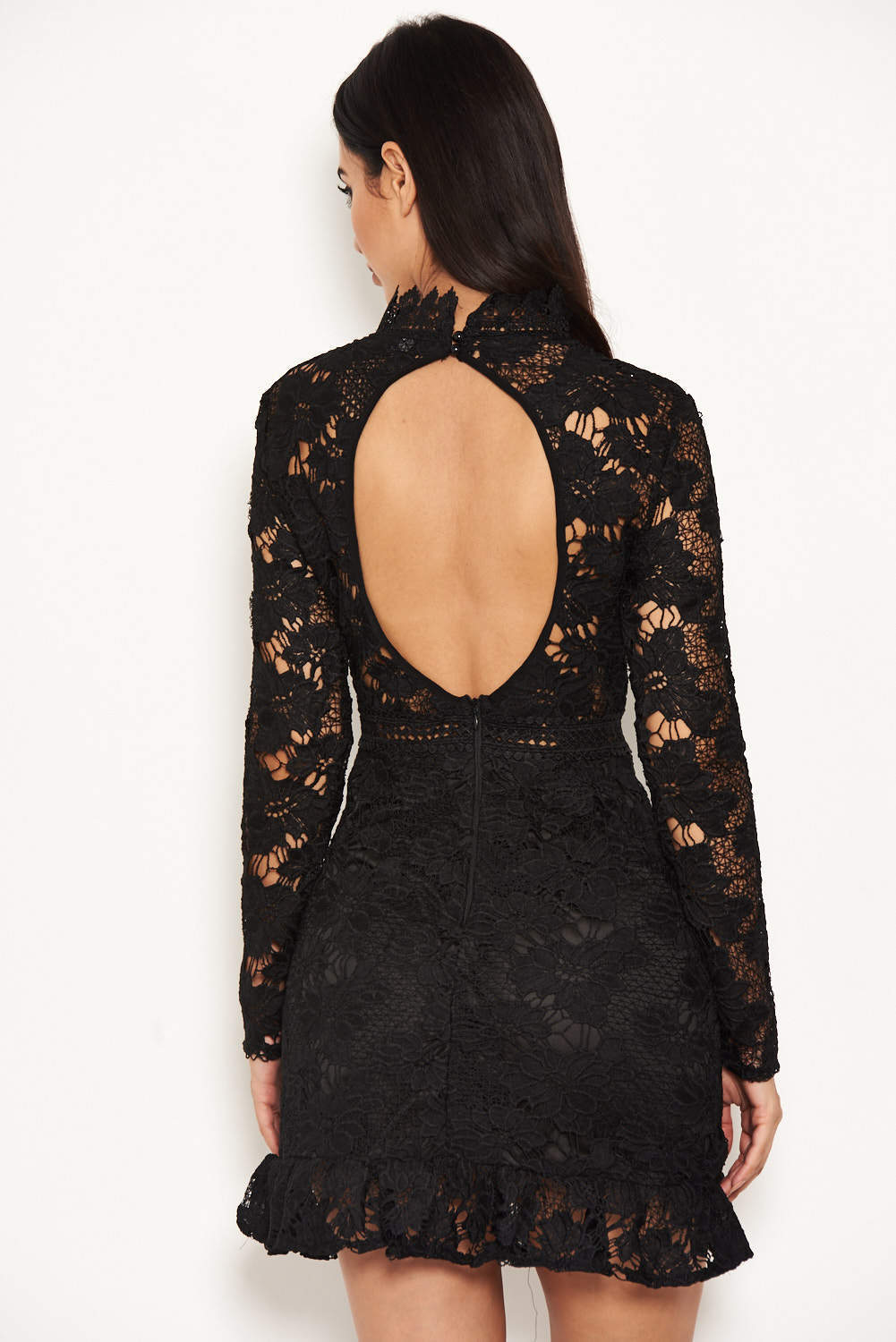 Kikodress - Black Lace Dress With Frill Hem And Cut Out Back