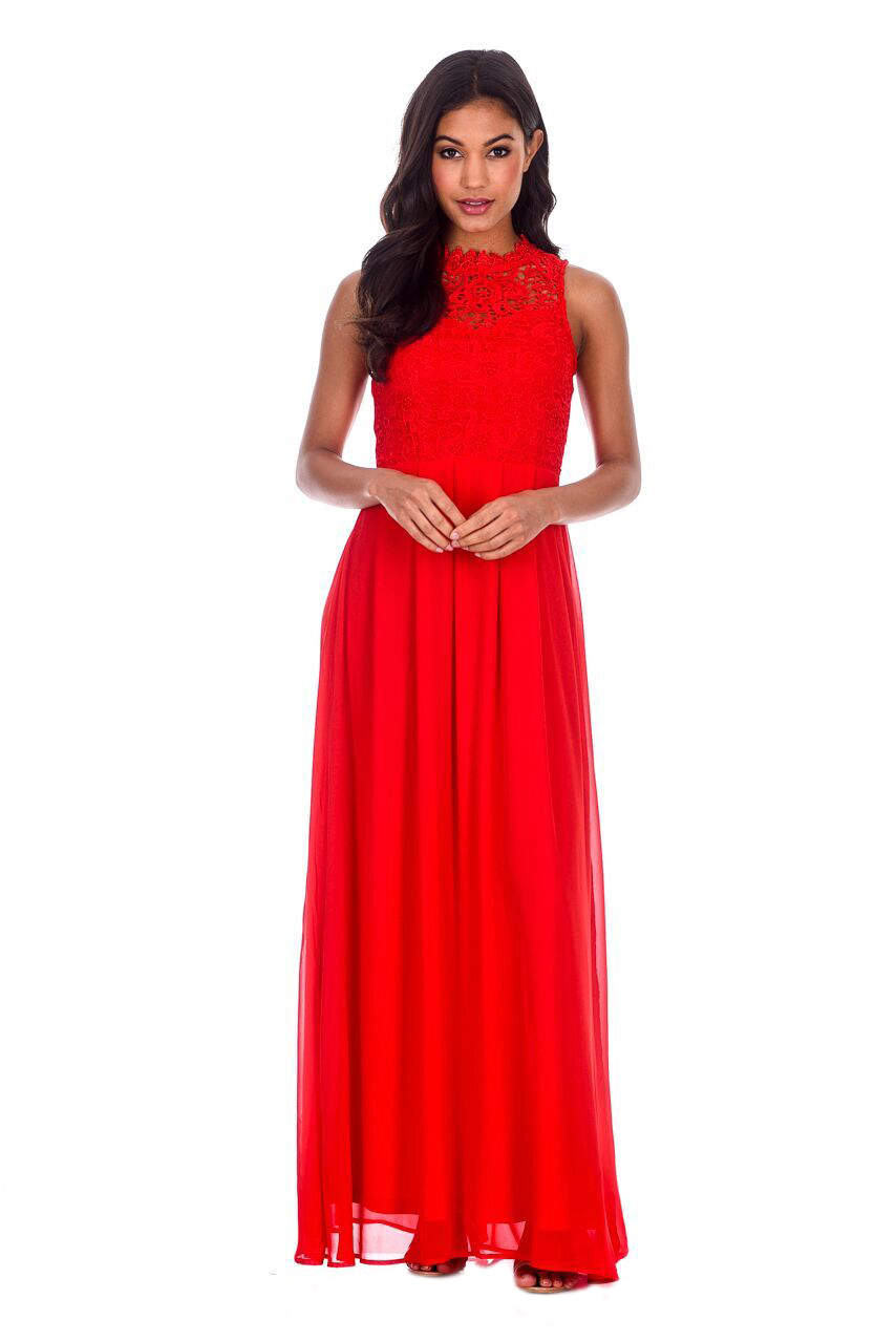Kikodress - Red High Neck Crochet Maxi Dress