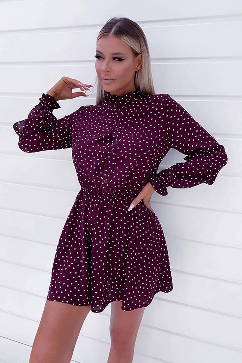 Kikodress - Plum Polka Dot Frill Shirt Dress