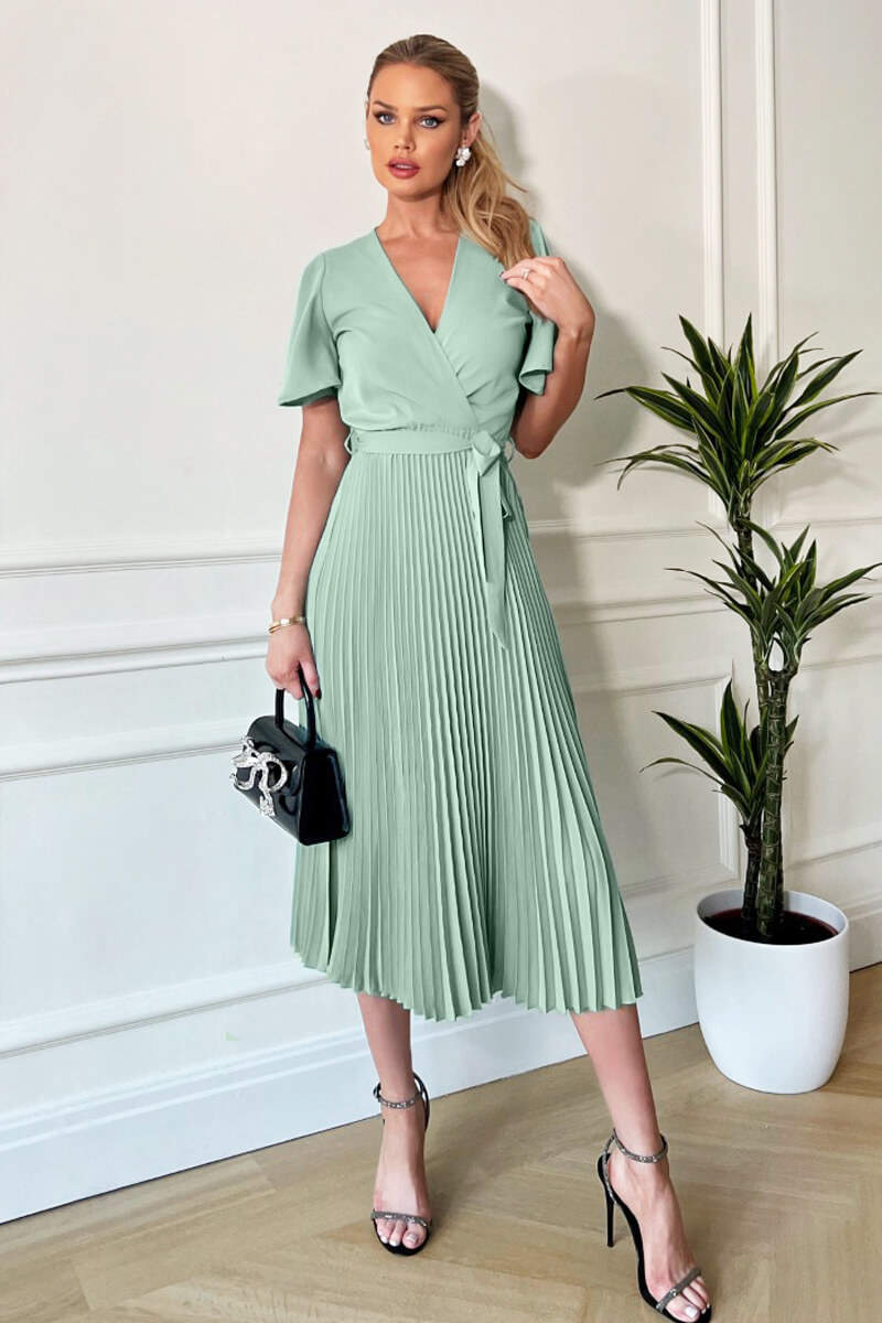 Kikodress - Duck Egg Pleated Midi Dress with Tie Waist
