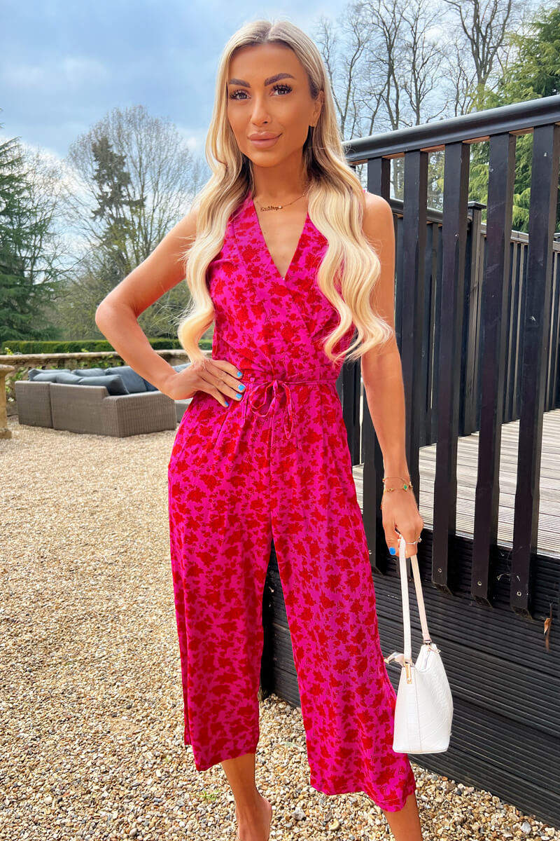 Kikodress - Pink And Red Floral Printed Tie Front Jumpsuit