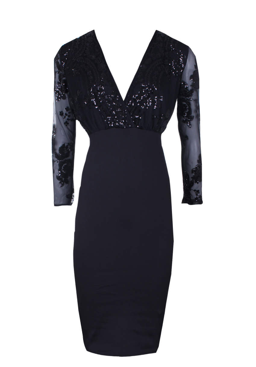 Kikodress - Black Sequined Crossover Bodycon Dress