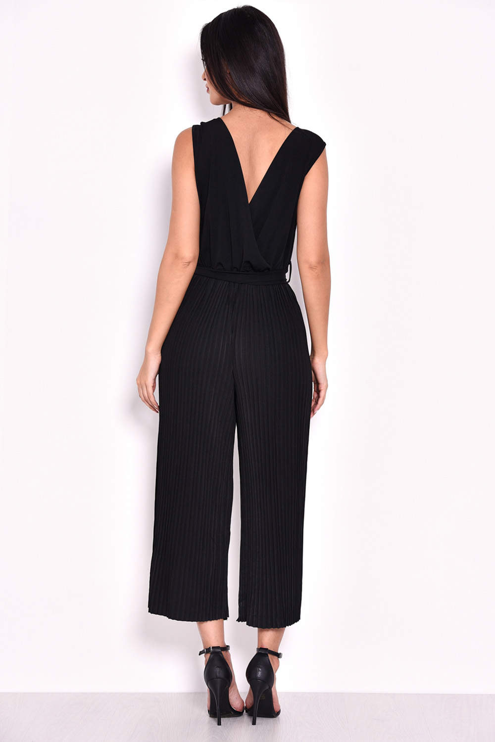 Kikodress - Black Culotte Pleated Tie-Waist Jumpsuit