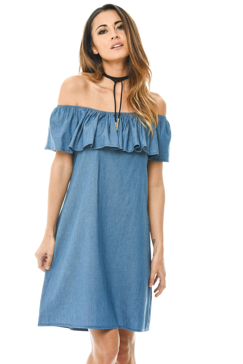 Kikodress - Blue Denim Dress Off Shoulder Frill Feature