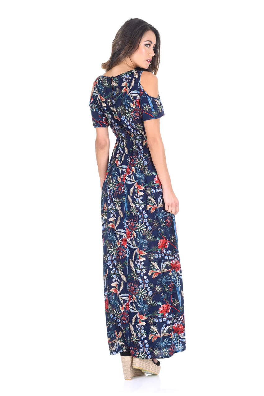 Kikodress - Navy Floral Cold Shoulder Printed Maxi Dress