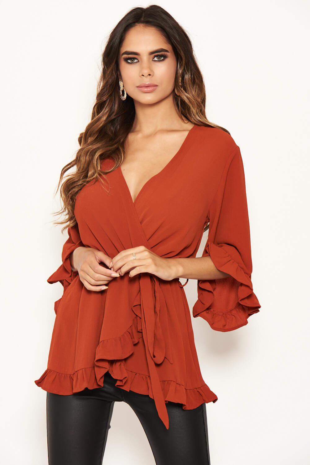 Kikodress - Rust Wrap Frill Top