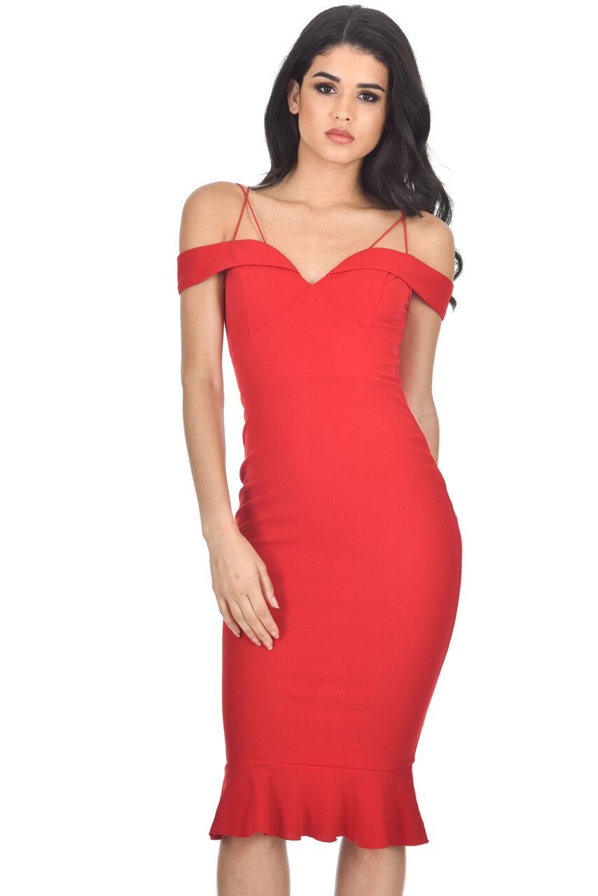 Kikodress - Red Off The Shoulder Fishtail Dress