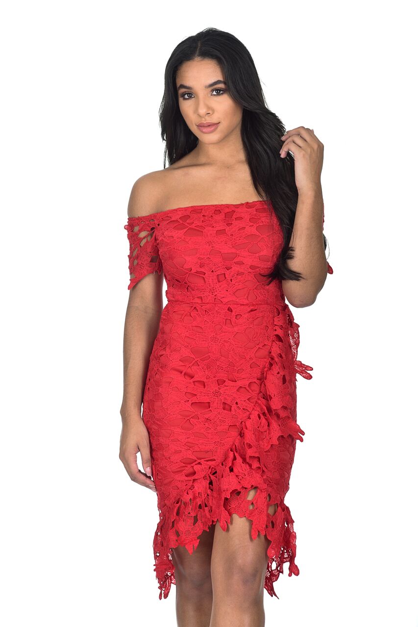 Kikodress - Red Crochet Bardot Frill Wrap Dress