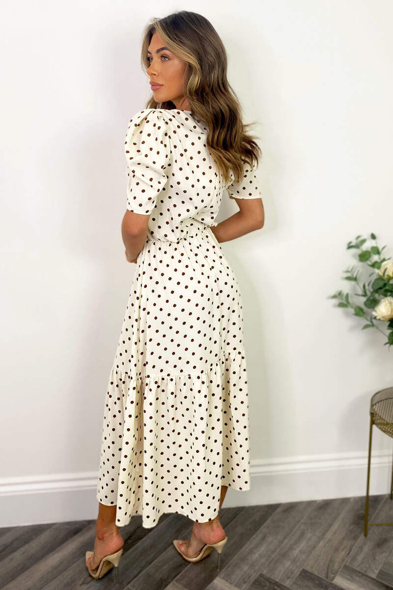 Kikodress - Cream And Brown Polka Dot Midi Smock Dress