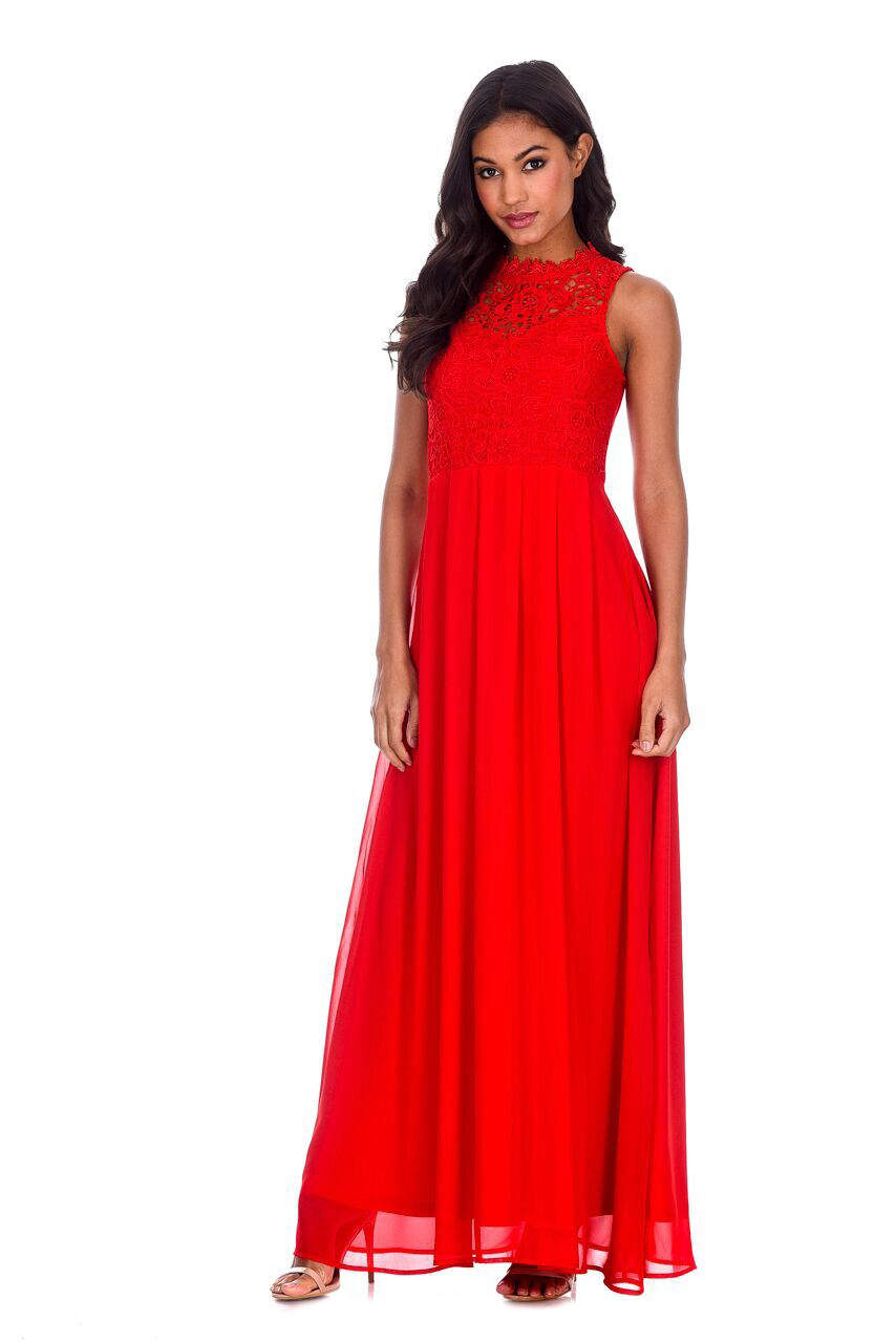 Kikodress - Red High Neck Crochet Maxi Dress
