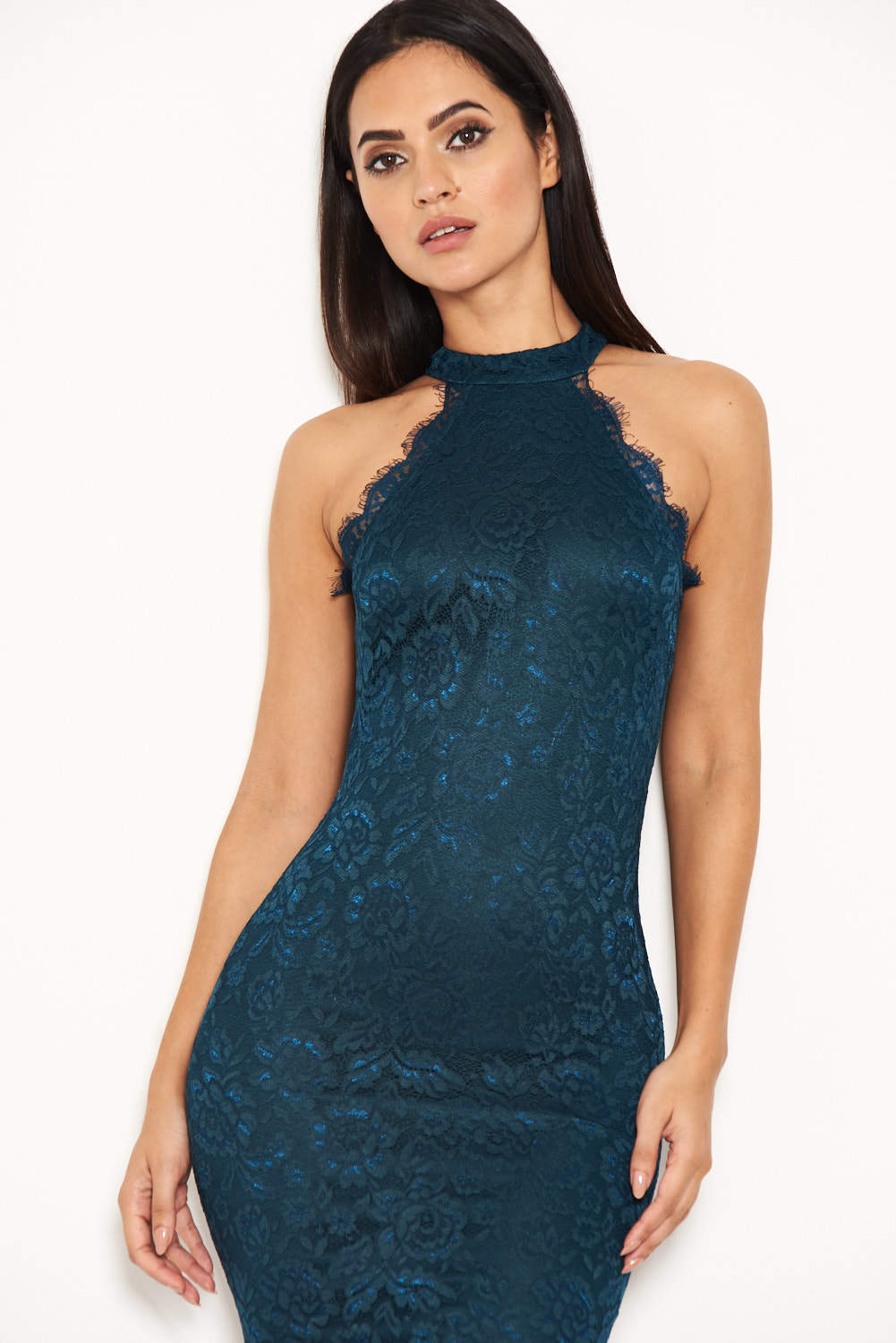 Kikodress - Teal Lace Halter Neck Midi Dress