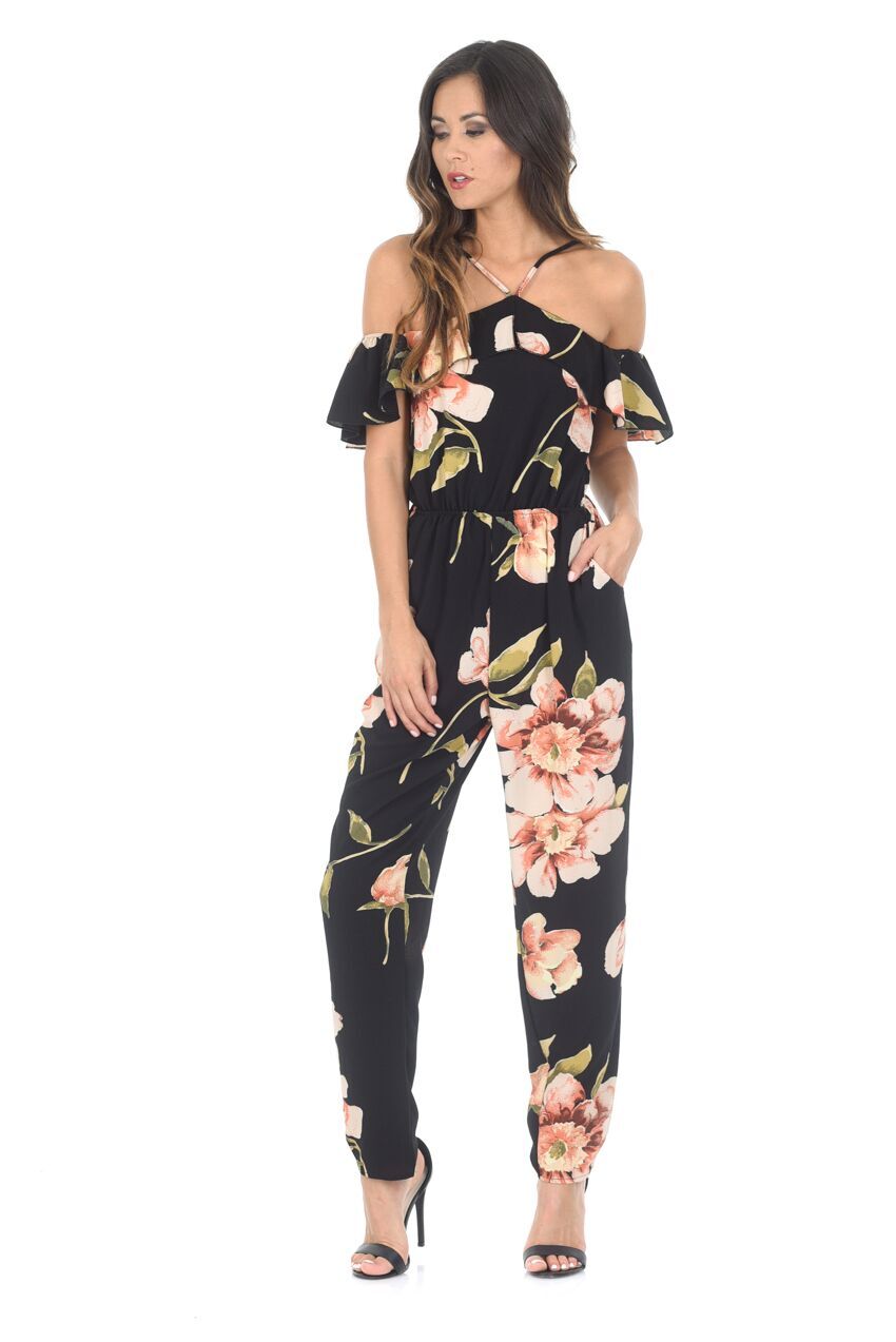 Kikodress - Black Cold Shoulder Floral Jumpsuit