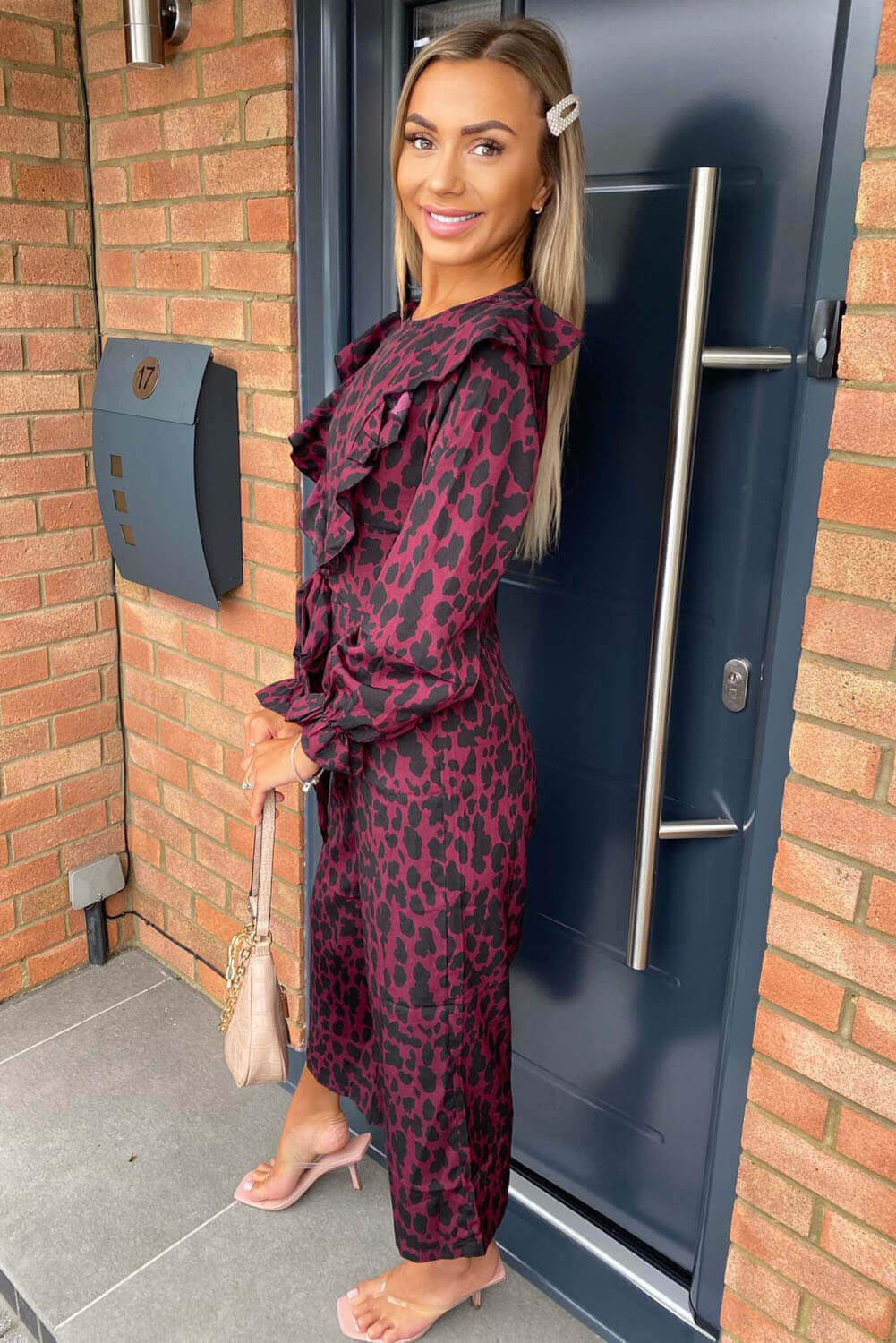 Kikodress - Plum Printed Frill Panel Long Sleeve Jumpsuit