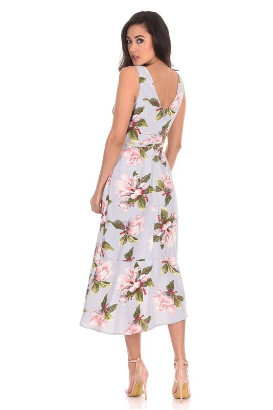 Kikodress - Grey Floral Print Sleeveless Wrap Over Dress