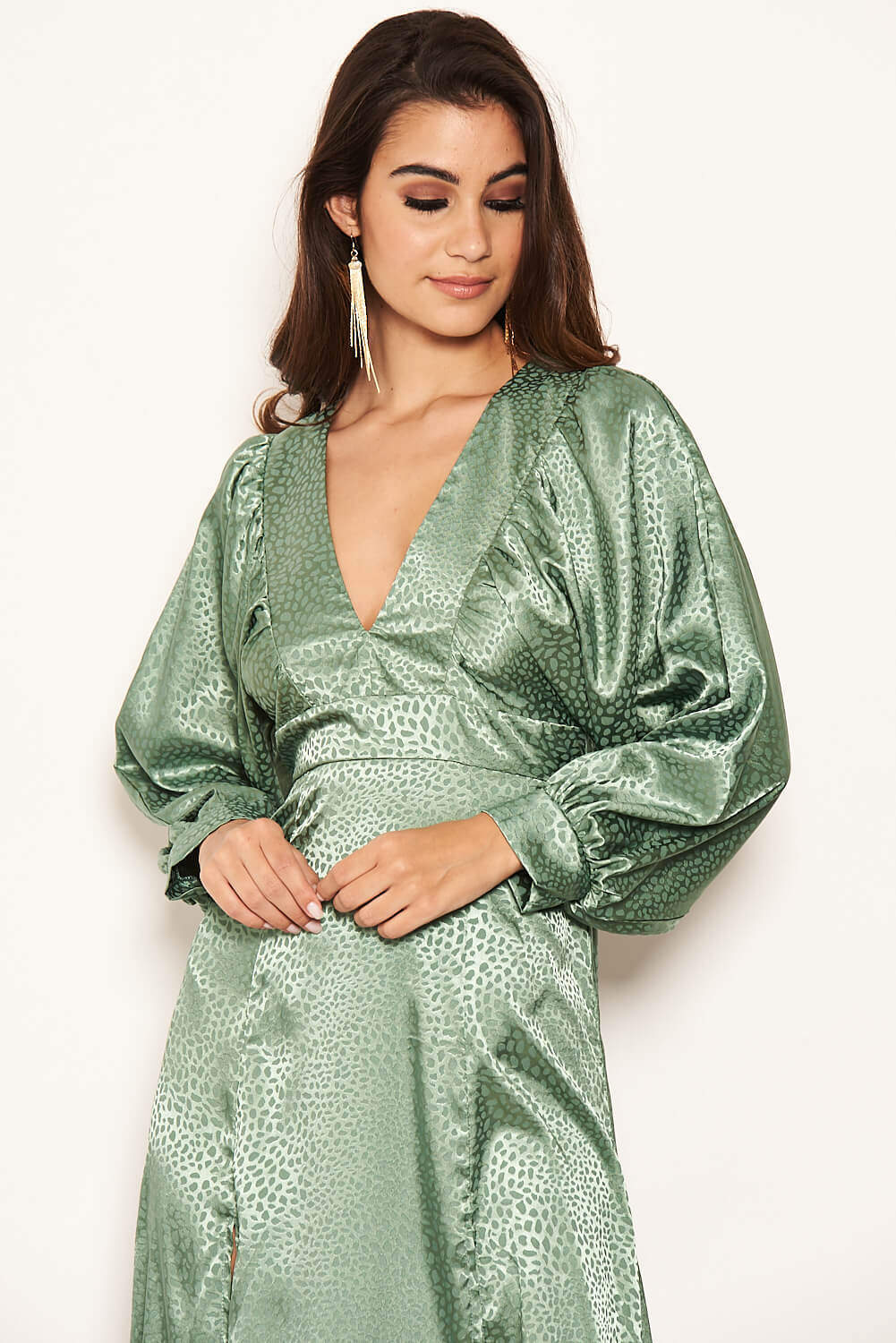 Kikodress - Duck Egg Satin Printed Maxi Dress with Front Splits