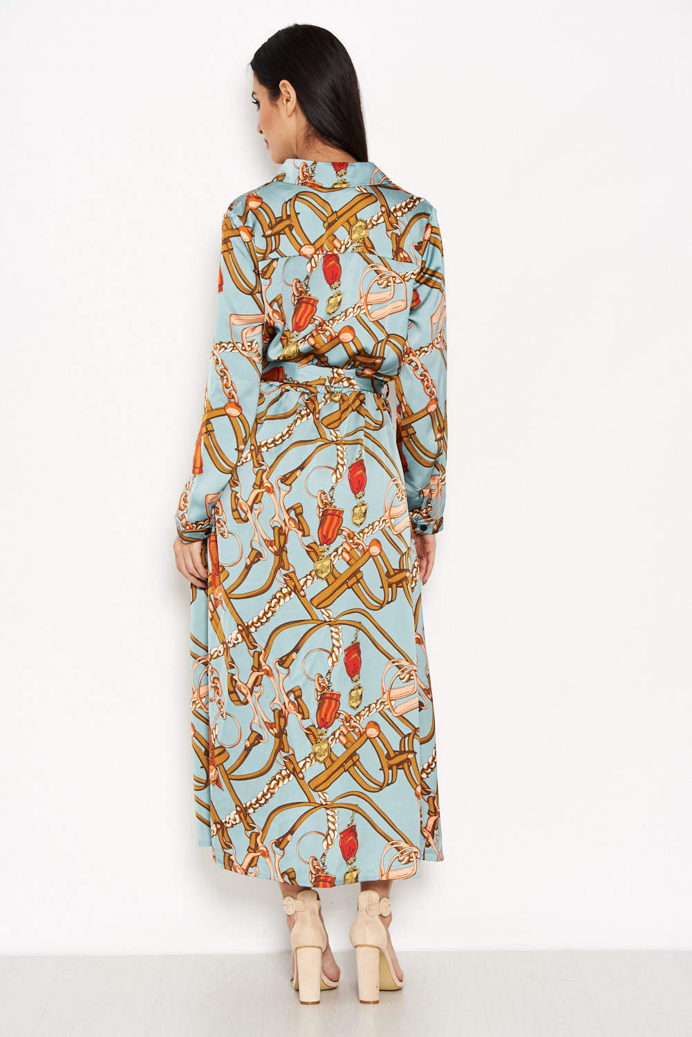 Kikodress - Duck Egg Printed Long Sleeve Shirt Dress