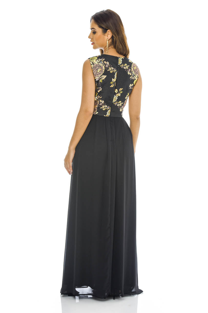 Kikodress - black Floral 2 in 1 V Neck Maxi Dress