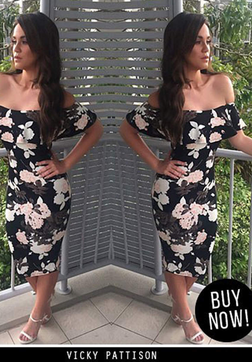 Kikodress - Black Bardot Floral Bodycon Dress