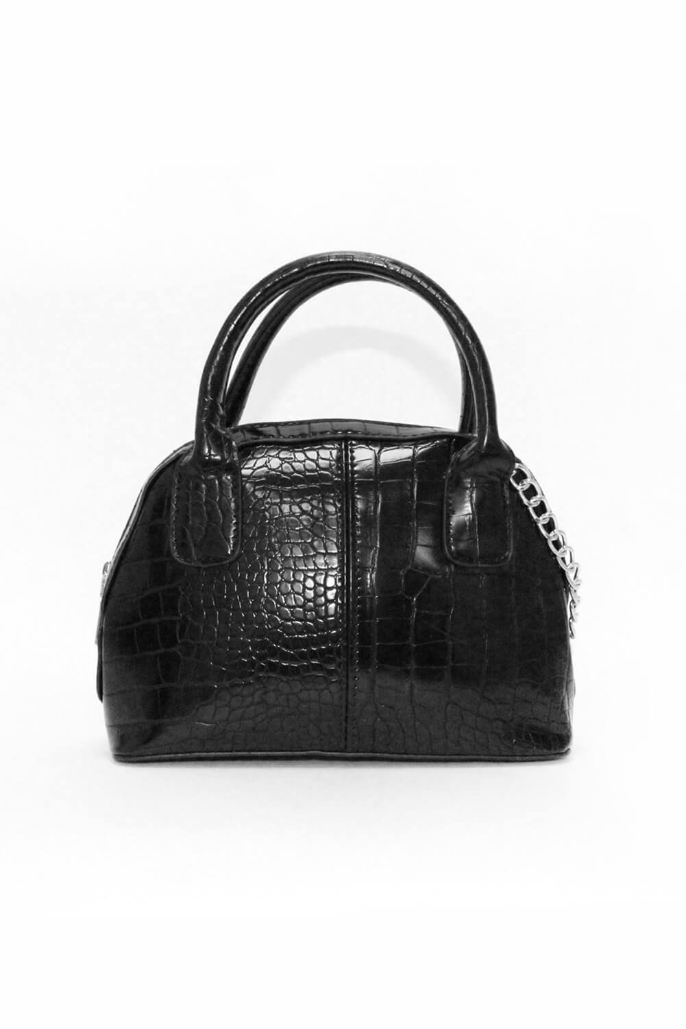 Kikodress - Black Croc Mini Bag With Silver Chain Strap