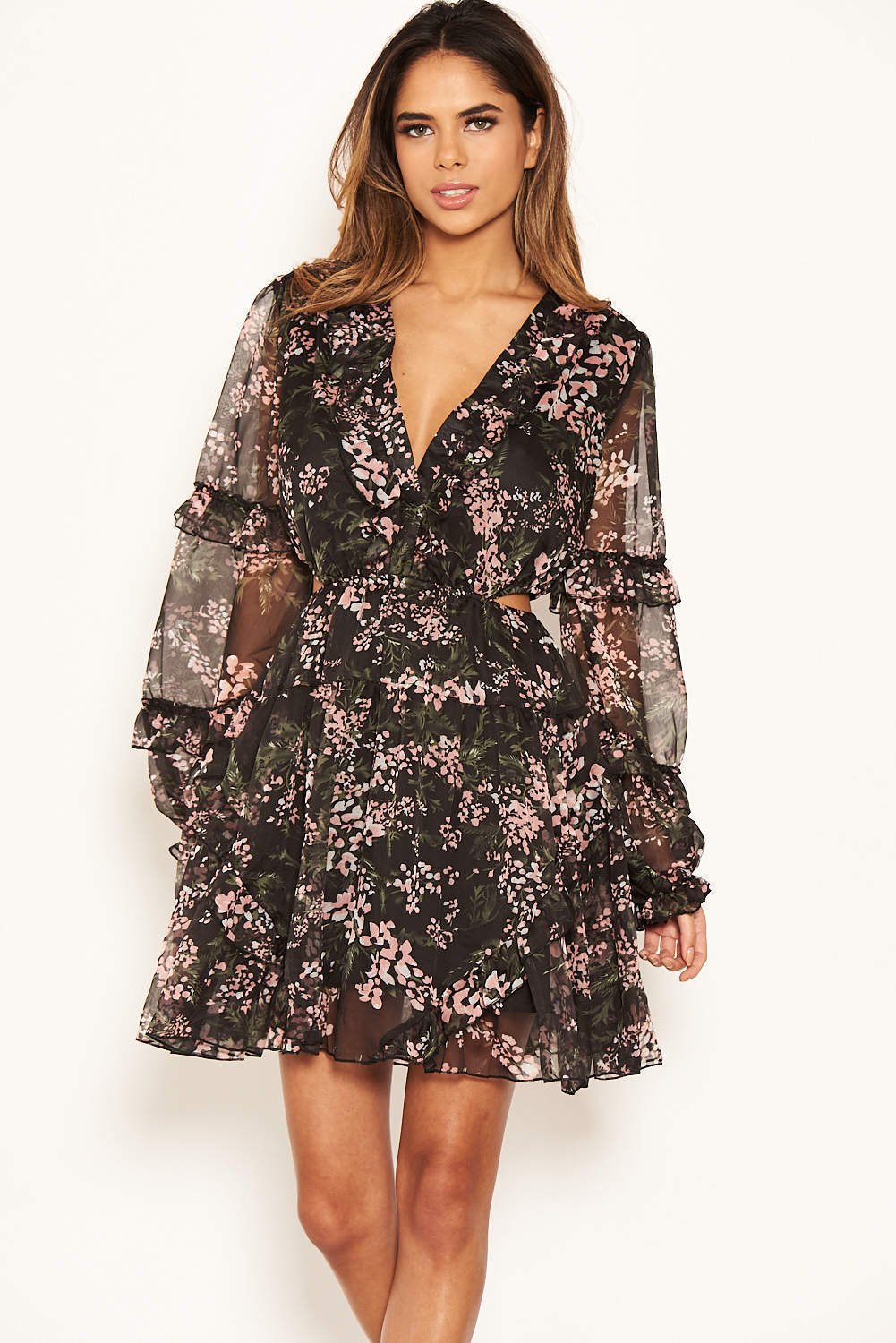 Kikodress - Black Floral Frill Cut Out Dress