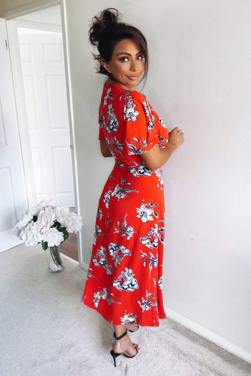 Kikodress - Red Floral Print Bell Sleeve Midi Dress