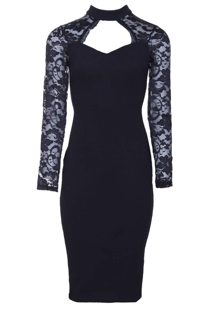 Kikodress - Black High Neck Lace Sleeve Midi Dress