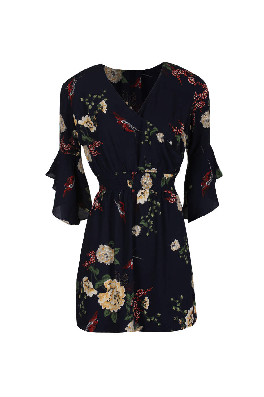 Kikodress - Navy Floral Elasticated Waist Dress