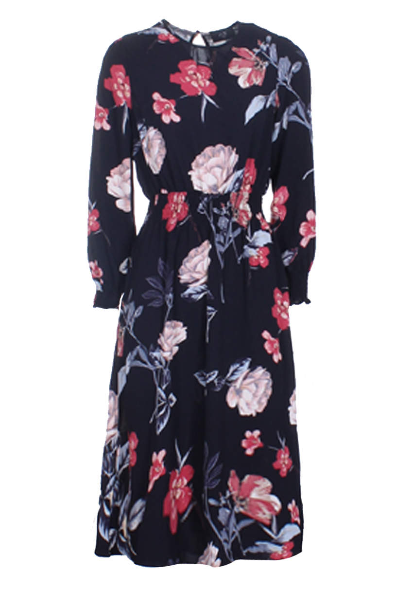 Kikodress - Black Floral Long Sleeve Elastic Waist Midi Dress