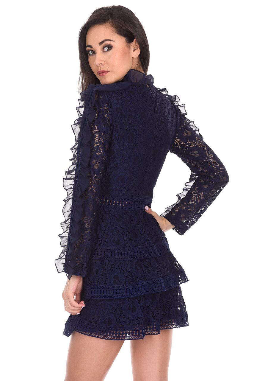 Kikodress - Navy Lace Tiered Mini Dress