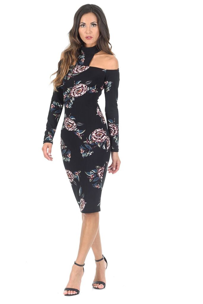 Kikodress - Black Off The Shoulder Floral Midi Bodycon Dress