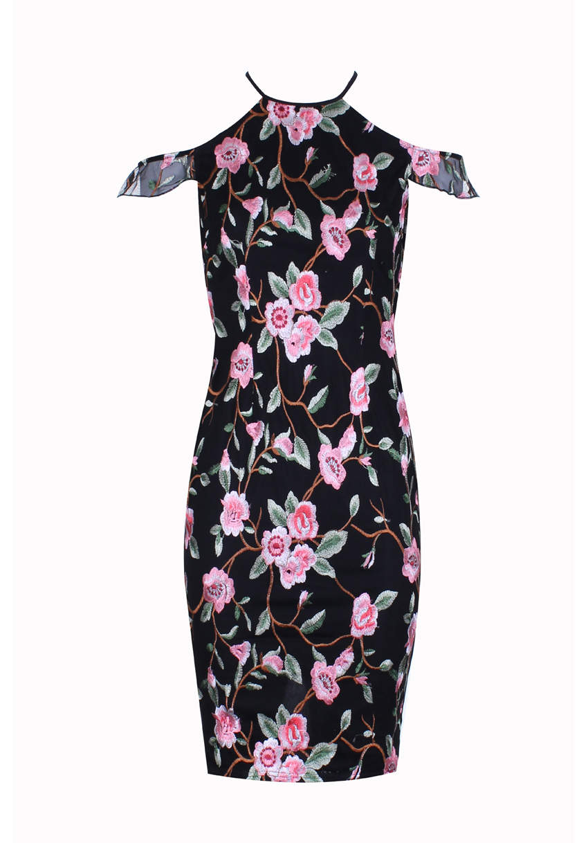 Kikodress - Embroidered Midi Dress with Frill Detail