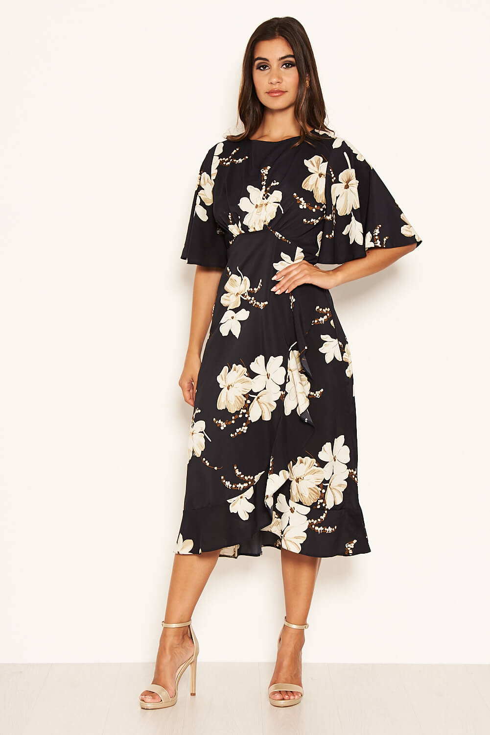 Kikodress - Navy Floral Gathered Frill Midi Dress
