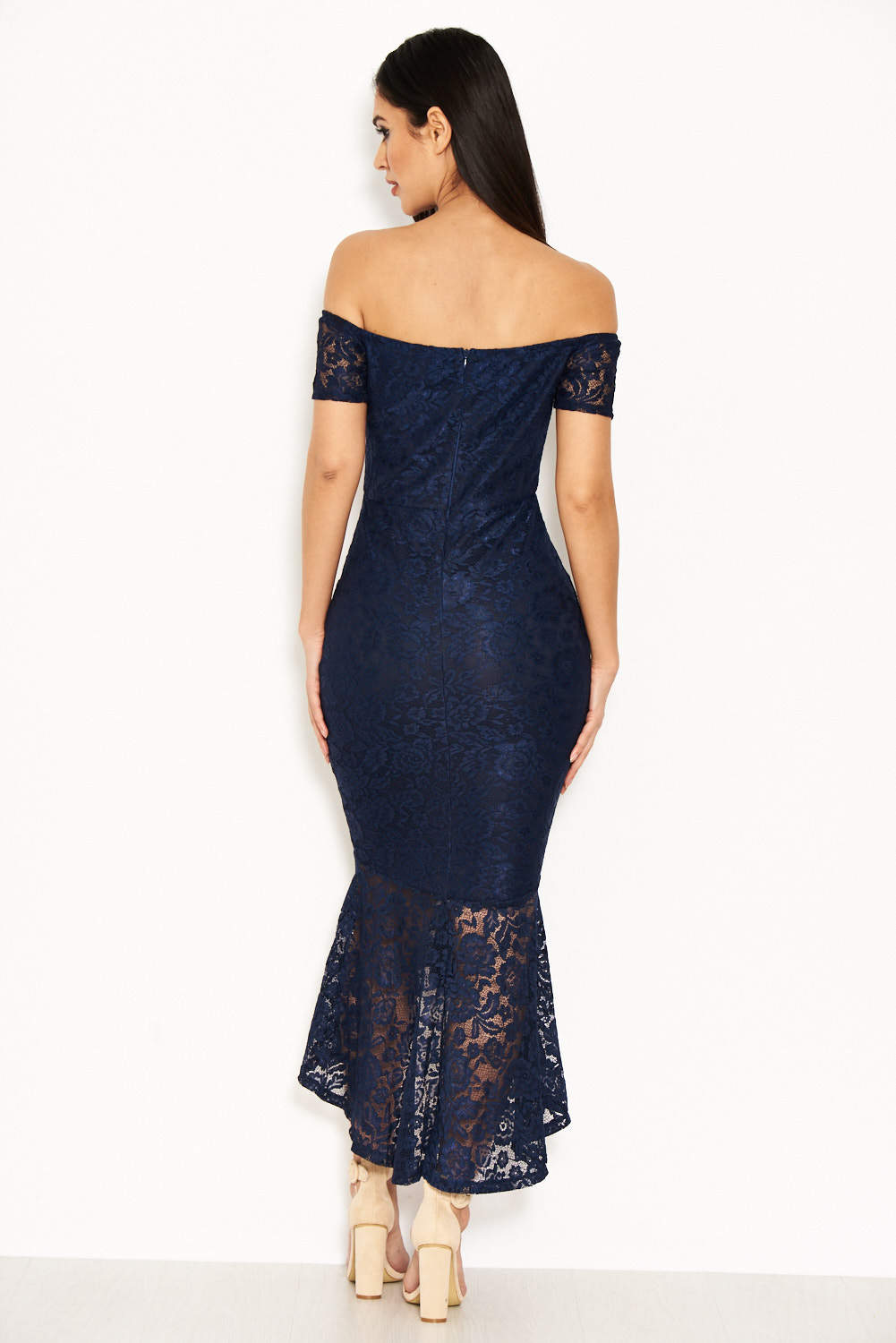 Kikodress - Navy Notch Front Lace Detail Fishtail Dress