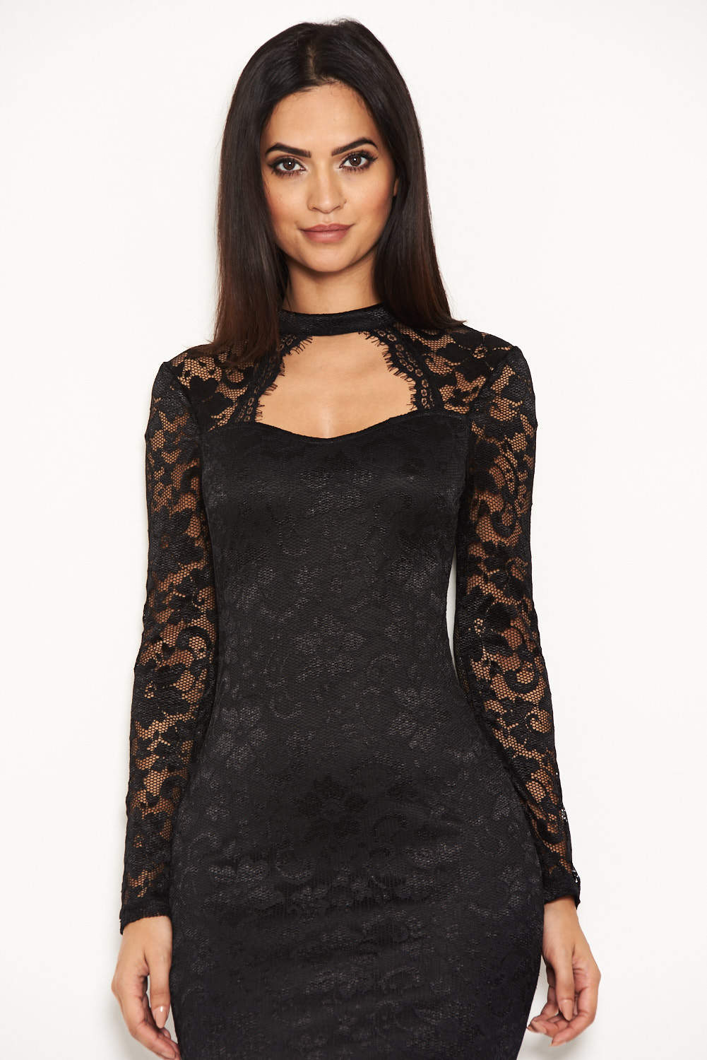 Kikodress - Black Lace Midi Dress With Long Sleeves