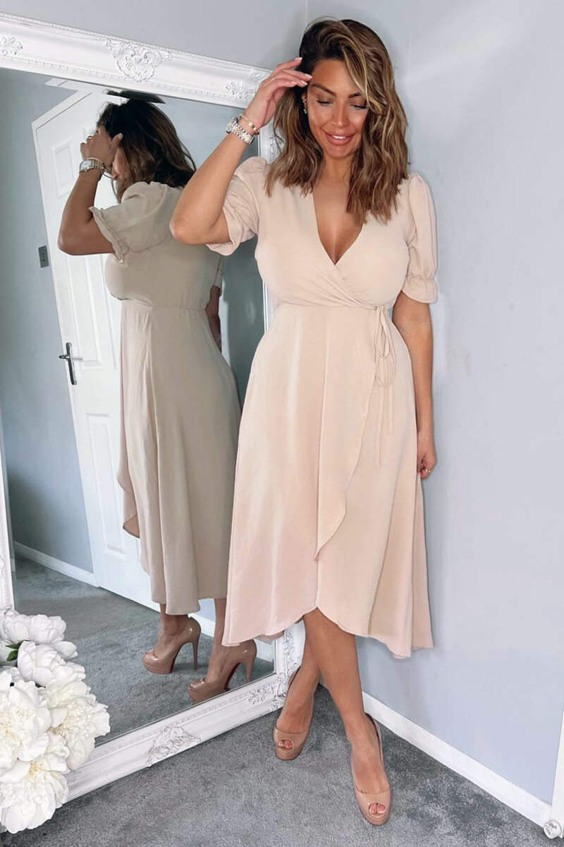 Kikodress - Nude Wrap Side Tie Midi Dress