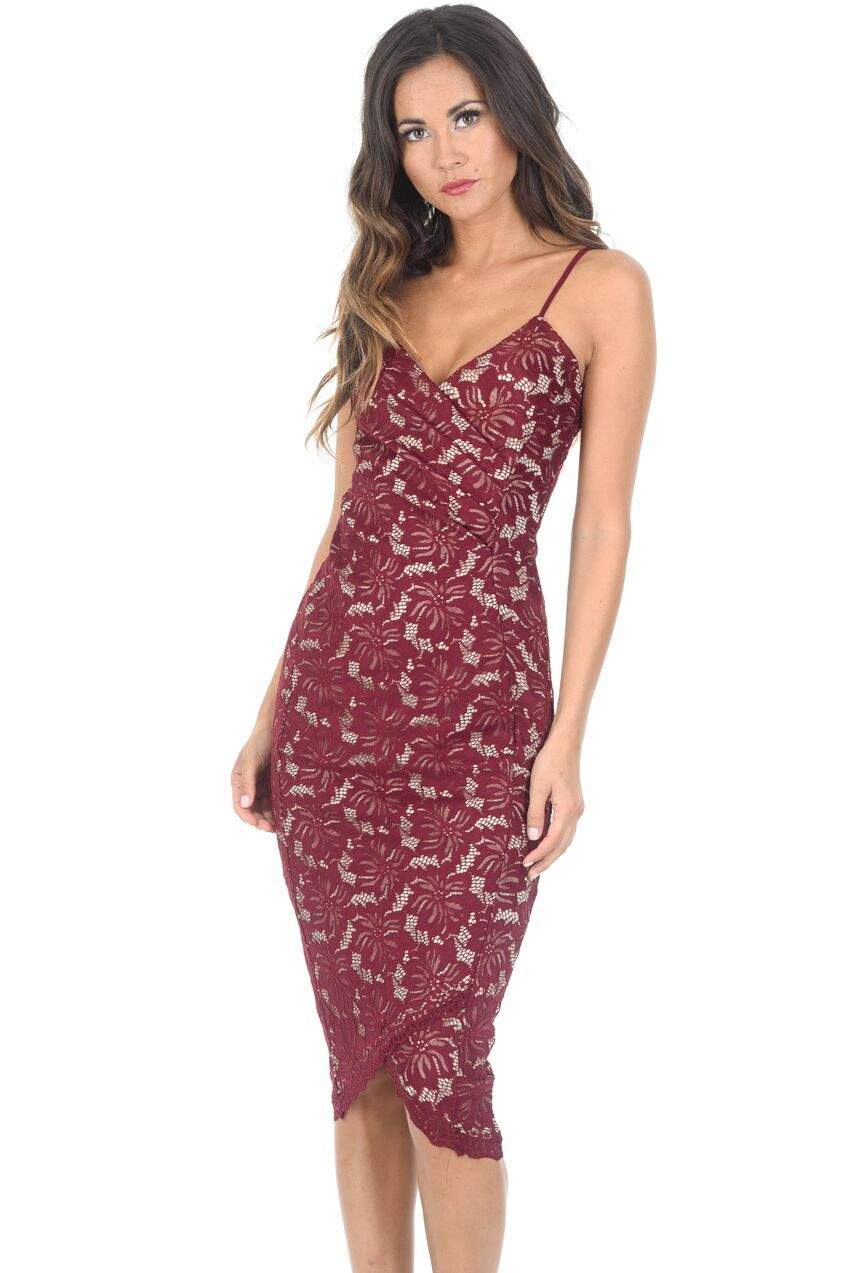 Kikodress - Wine and Nude Lace Midi Dress