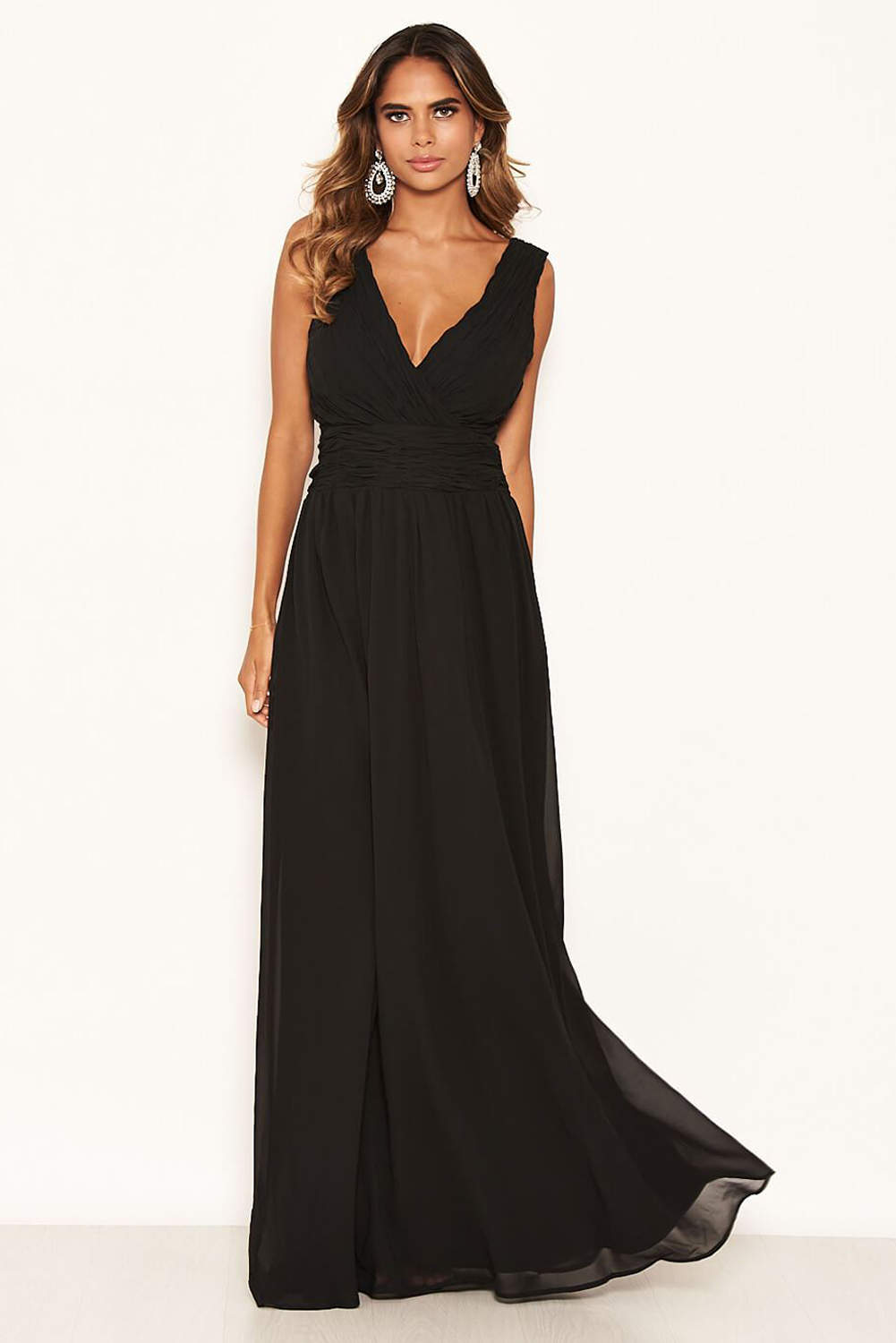 Kikodress - Black Pleated V Neck Maxi Dress