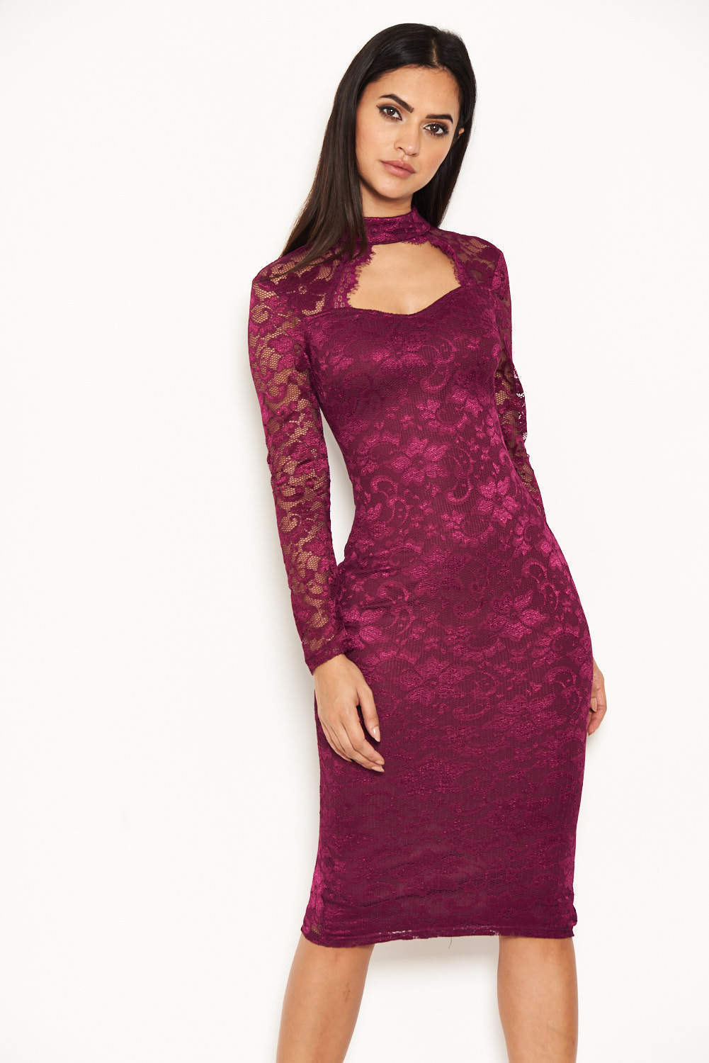 Kikodress - Plum Lace Midi Dress With Long Sleeves