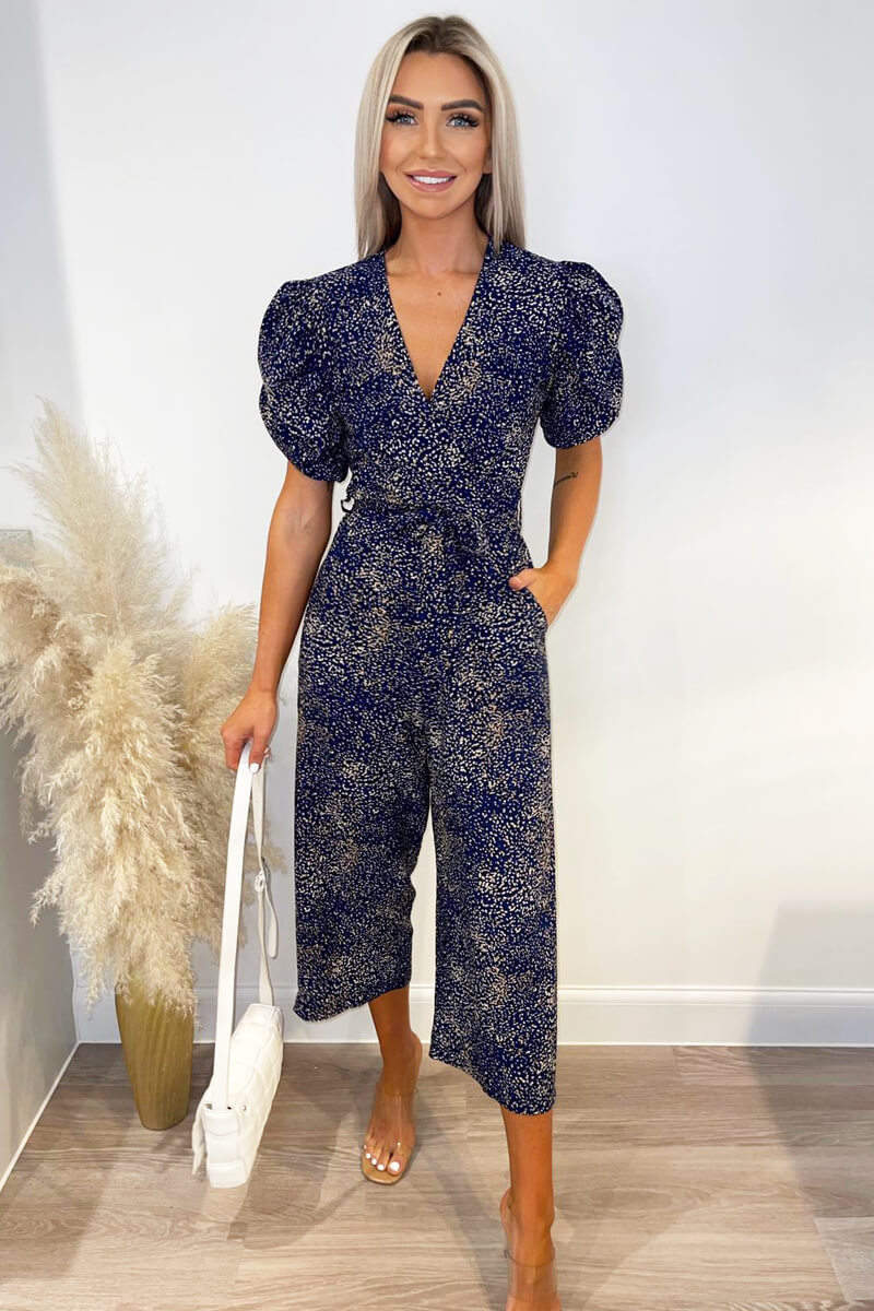 Kikodress - Navy Printed Puff Wrap Over Jumpsuit