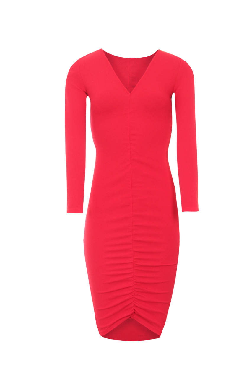 Kikodress - Red Sleeved Ruched Dress