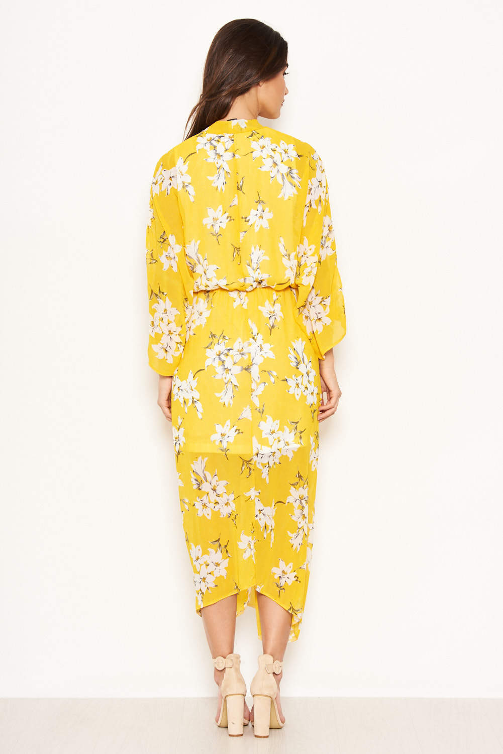 Kikodress - Yellow Floral Kimono Sleeve Maxi Dress