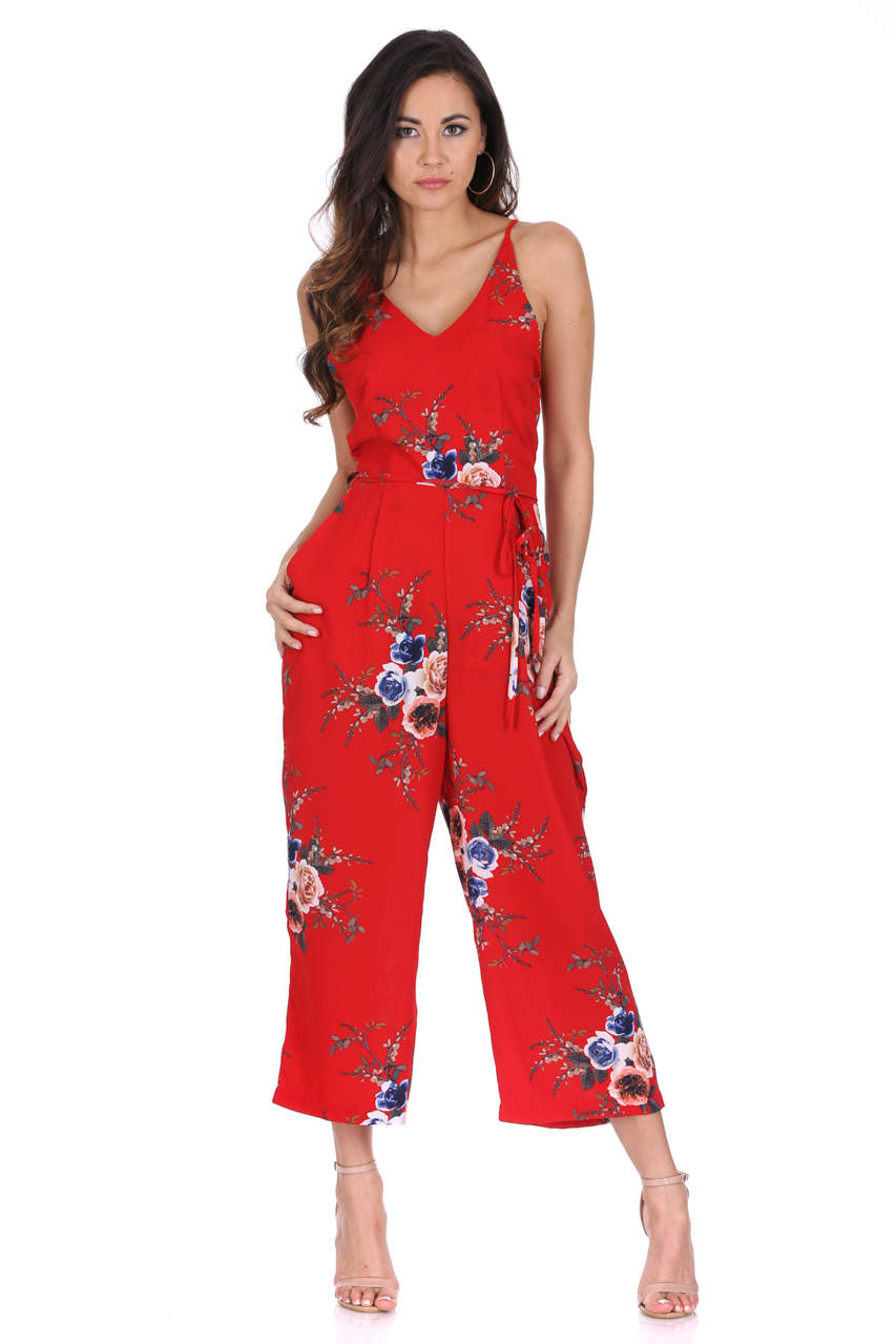 Kikodress - Red Floral Culotte Jumpsuit